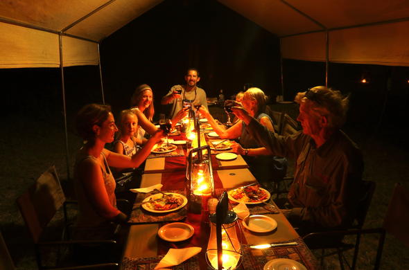 Dinner served communal style during birding safari.